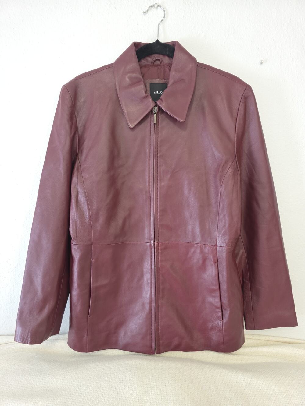 VTG JLC New York Burgundy Leather Jacket Women's Full Zip Y2K 90s Minimalist Lg.